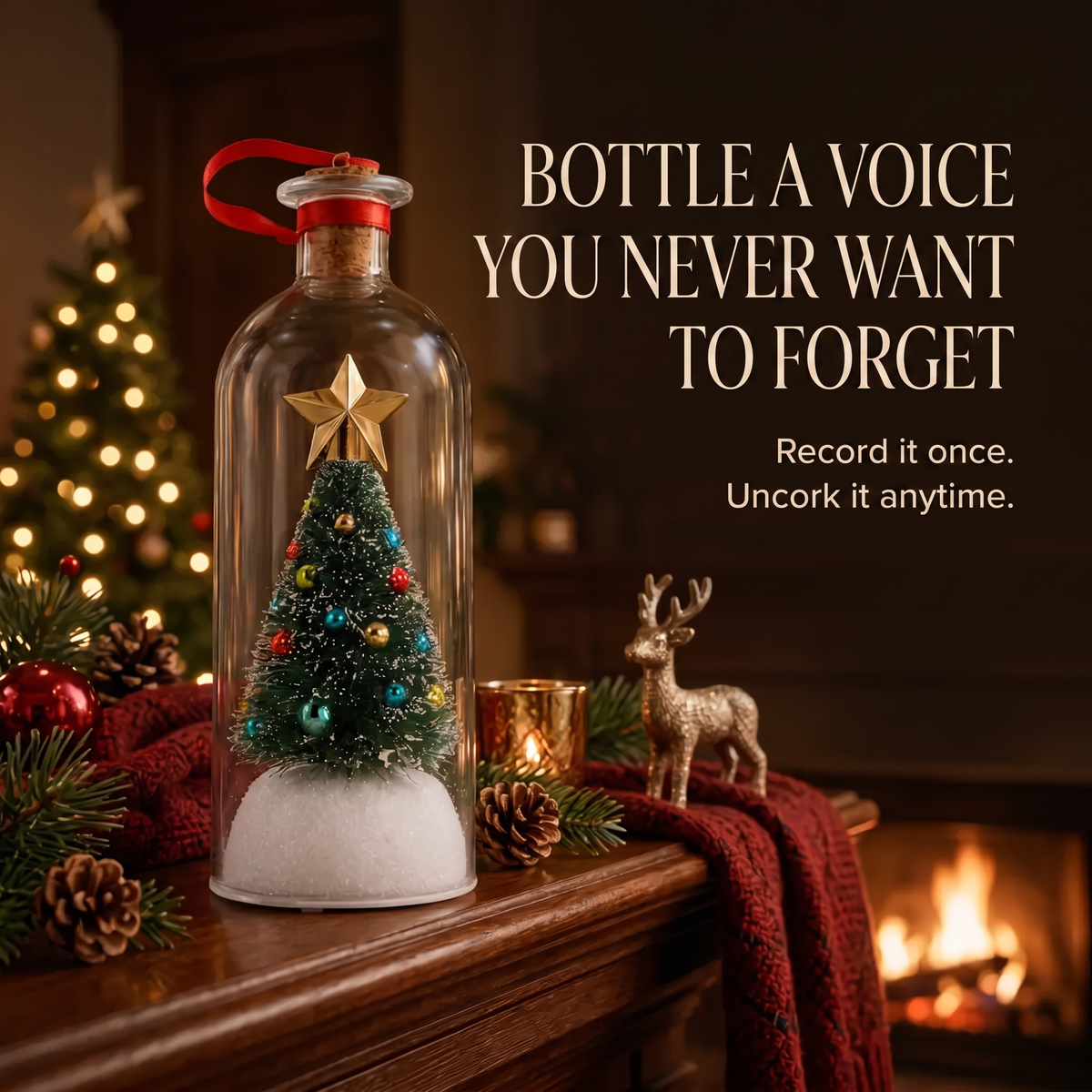 A glass bottle with a cork stopper and red loop, covered in a clear glass dome and decorated with a miniature Christmas tree, ornaments, and a gold star. The bottle sits on a wooden mantel with holiday greenery, pinecones, a candle, a small deer figurine, and a warm fireplace in the background.